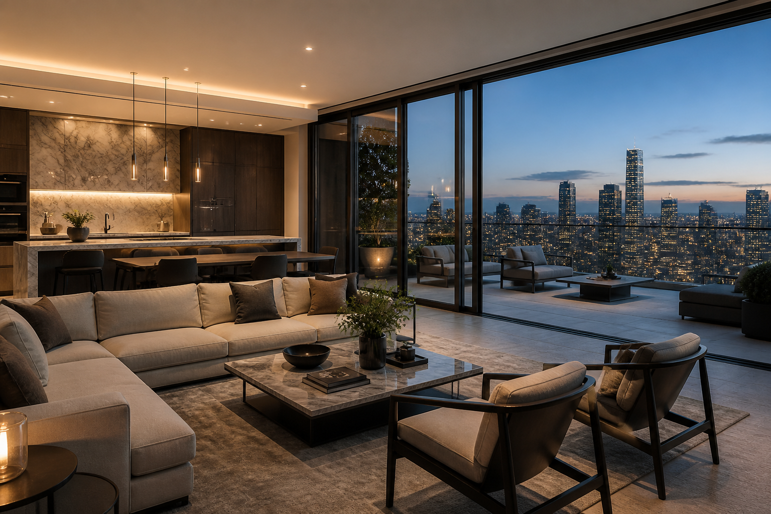 Luxury penthouse interior with terrace and skyline view, photo 1